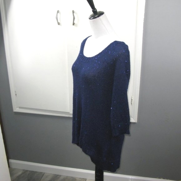 a.n.a Navy Blue Sequin 3/4 Sleeve Scoop Neck Sweater Size Medium - Picture 3 of 5